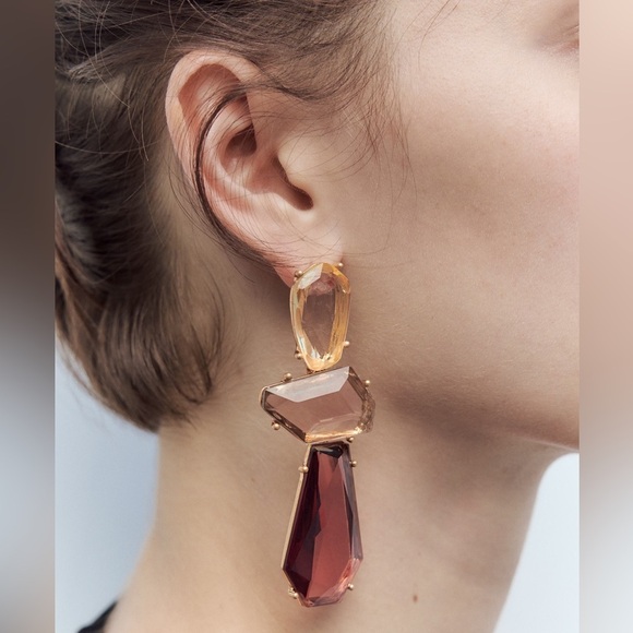 NWT. Zara Large Metal Earrings with Resin Appliqué. - Picture 6 of 8